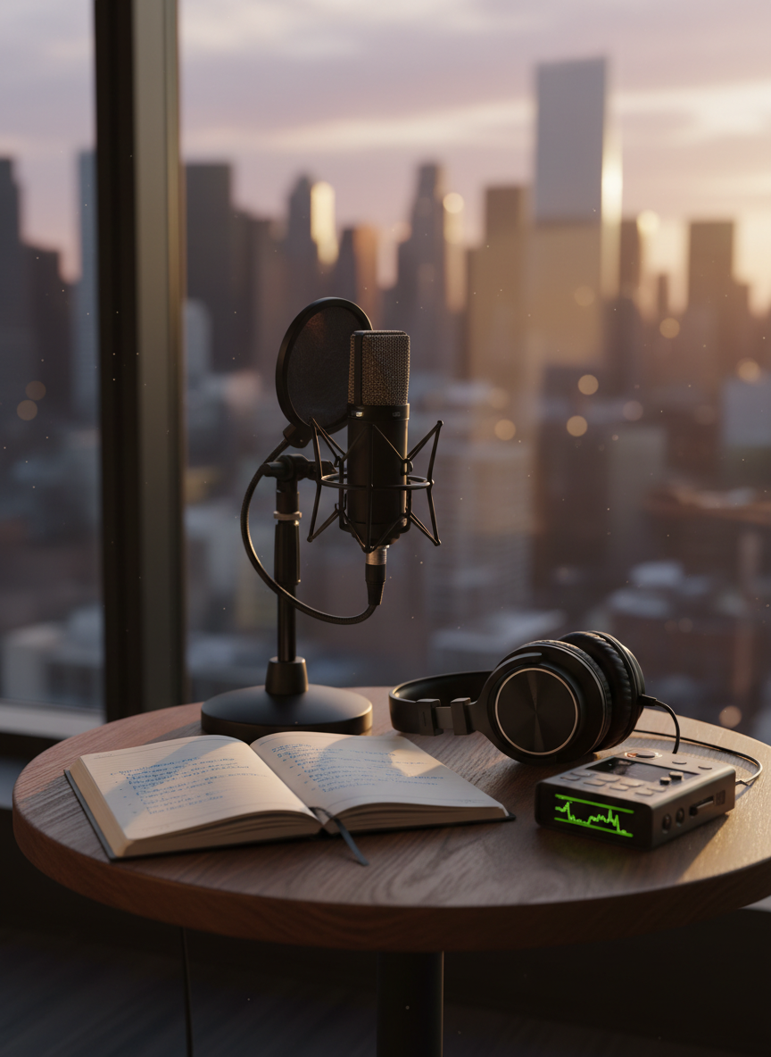 A professional audio recording setup on a compact round table, centered on a high-quality black condenser microphone suspended in a shock mount, positioned in front of an open notebook filled with neatly written questions and scene notes. A pair of over-ear studio headphones rests beside a small digital recorder showing active levels on its display. Behind them, a blurred cityscape is visible through a large window, suggesting an urban reporting environment. Golden hour light streams in, catching the metallic mesh of the microphone grille and adding a warm glow to the tabletop. Photographic realism, captured at a three-quarter angle with shallow depth of field, creates a focused, contemplative mood that reflects in-depth, on-the-ground journalism work.