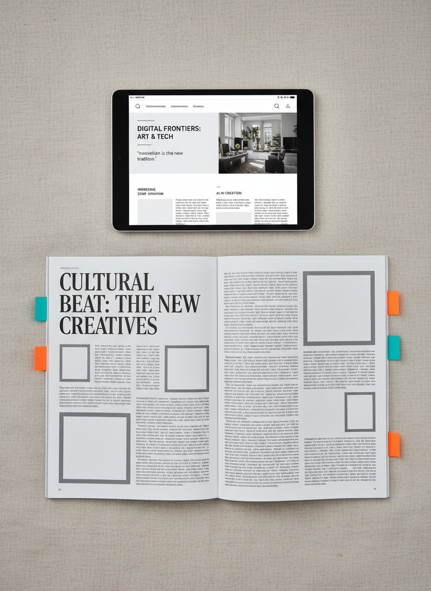 An open magazine spread laid flat on a neutral linen surface, featuring a culture and entertainment article design with a bold, stylish title, clean two-column text, and thoughtfully placed placeholder image boxes with subtle gray frames. Color-coded sticky tabs in orange and teal peek out from the edges of the pages, marking key published clips. A slim, matte-black tablet lies just above the magazine, its screen displaying a modern digital article layout with clear subheadings and pull quotes. Soft studio lighting from above creates even illumination, minimal shadows, and a polished, professional feel. Photographic realism, top-down composition with sharp focus throughout, conveys an organized, editorial aesthetic ideal for showcasing feature writing and layout sophistication.