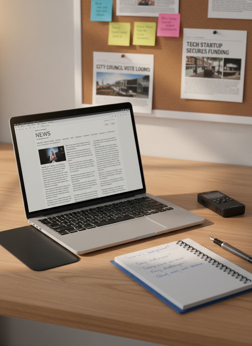 A sleek, modern journalist’s workspace arranged on a light oak desk, featuring an open silver laptop displaying a clean news article layout, a spiral-bound reporter’s notebook with neatly written interview questions, and a black digital voice recorder resting beside a slim fountain pen. In the background, a softly blurred wall-mounted corkboard holds color-coded sticky notes, printed headlines, and a few clipped article mockups. Late afternoon natural light filters through an unseen window, creating gentle highlights on the laptop keyboard and subtle shadows along the notebook’s edges. Photographic realism, shot at eye-level with a shallow depth of field, conveys a focused, professional atmosphere, ideal for a journalism portfolio homepage.
