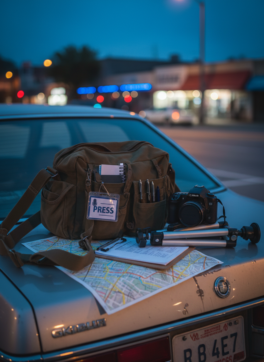 A weathered field reporter’s kit spread out on the trunk of a parked car at dusk, including a sturdy canvas messenger bag half-unzipped to reveal a press badge, notepads, and neatly organized pens. A small tripod stands folded next to a compact DSLR camera, while a map of a neighborhood with streets carefully highlighted is pinned under a metal clipboard. Distant streetlights and storefronts form a soft, colorful bokeh in the background. Cool blue twilight mixes with nearby warm sodium-vapor streetlight, creating dramatic, cinematic lighting with gentle reflections on metal surfaces. Photographic realism, shot from a low, close-up angle, conveys determination, mobility, and real-world reporting in community settings without showing any people.