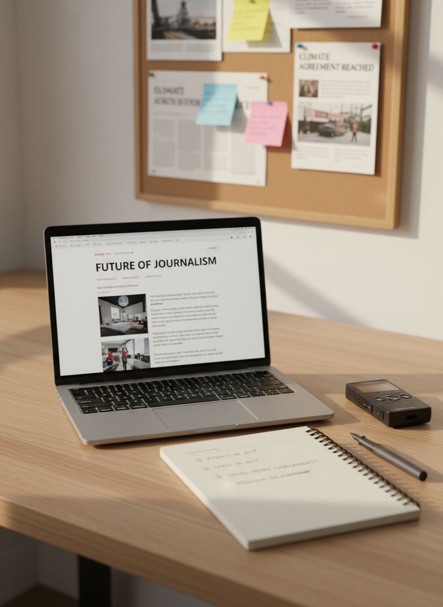 A sleek, modern journalist’s workspace arranged on a light oak desk, featuring an open silver laptop displaying a clean news article layout, a spiral-bound reporter’s notebook with neatly written interview questions, and a black digital voice recorder resting beside a slim fountain pen. In the background, a softly blurred wall-mounted corkboard holds color-coded sticky notes, printed headlines, and a few clipped article mockups. Late afternoon natural light filters through an unseen window, creating gentle highlights on the laptop keyboard and subtle shadows along the notebook’s edges. Photographic realism, shot at eye-level with a shallow depth of field, conveys a focused, professional atmosphere, ideal for a journalism portfolio homepage.